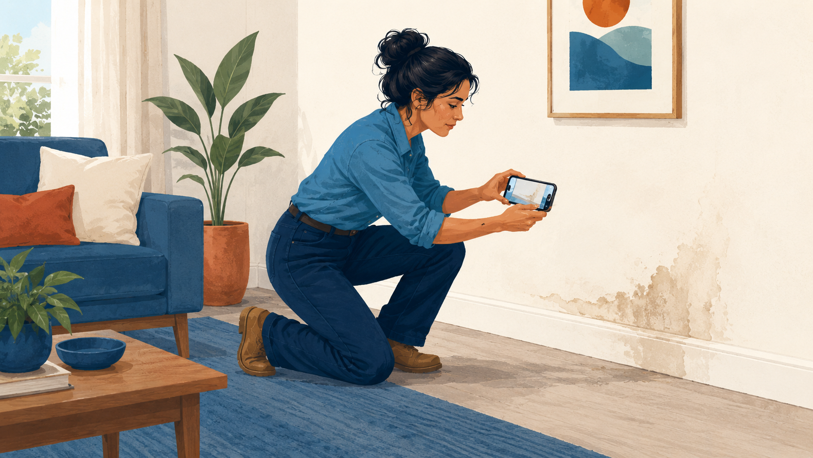 Homeowner photographing water damage on a wall to document an insurance claim
