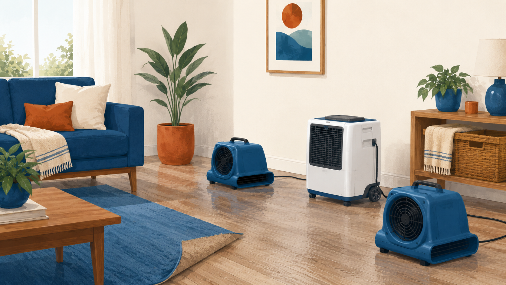 Air movers and a dehumidifier drying a room after water damage