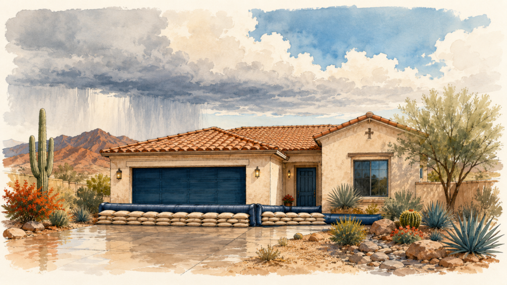 Watercolor of a desert home with sandbags and a barrier staying dry under a monsoon sky