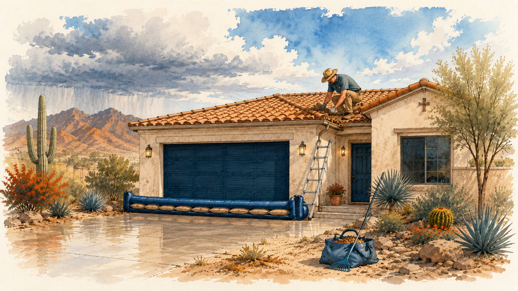 Homeowner clearing a roof drain and setting a water barrier before a monsoon storm