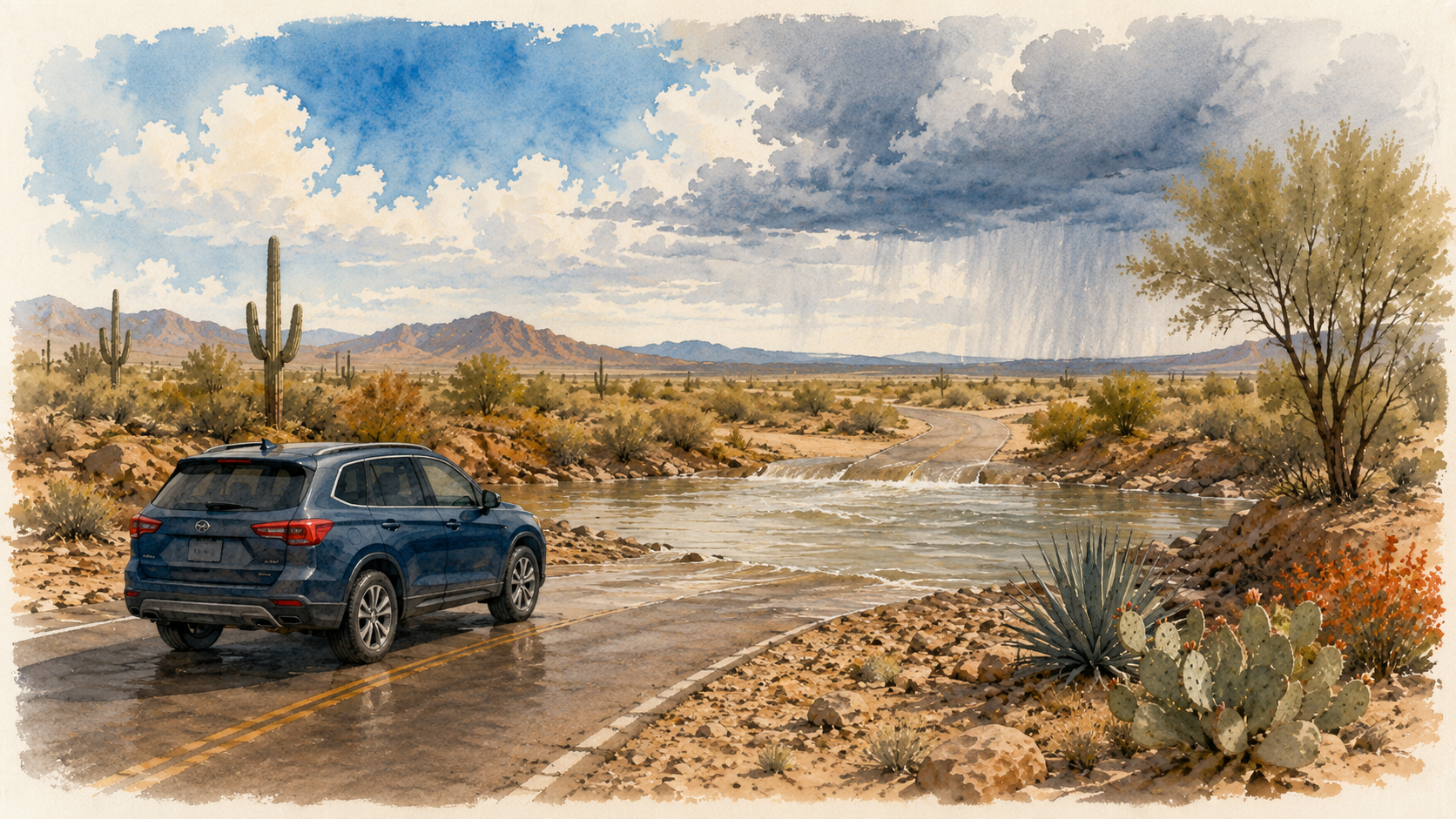 Car safely turning around at a flooded desert wash instead of driving through