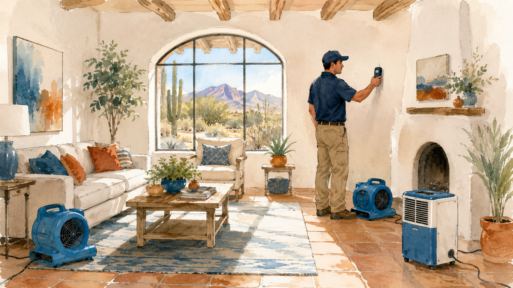 Drying fans and a dehumidifier restoring a room after a monsoon flood