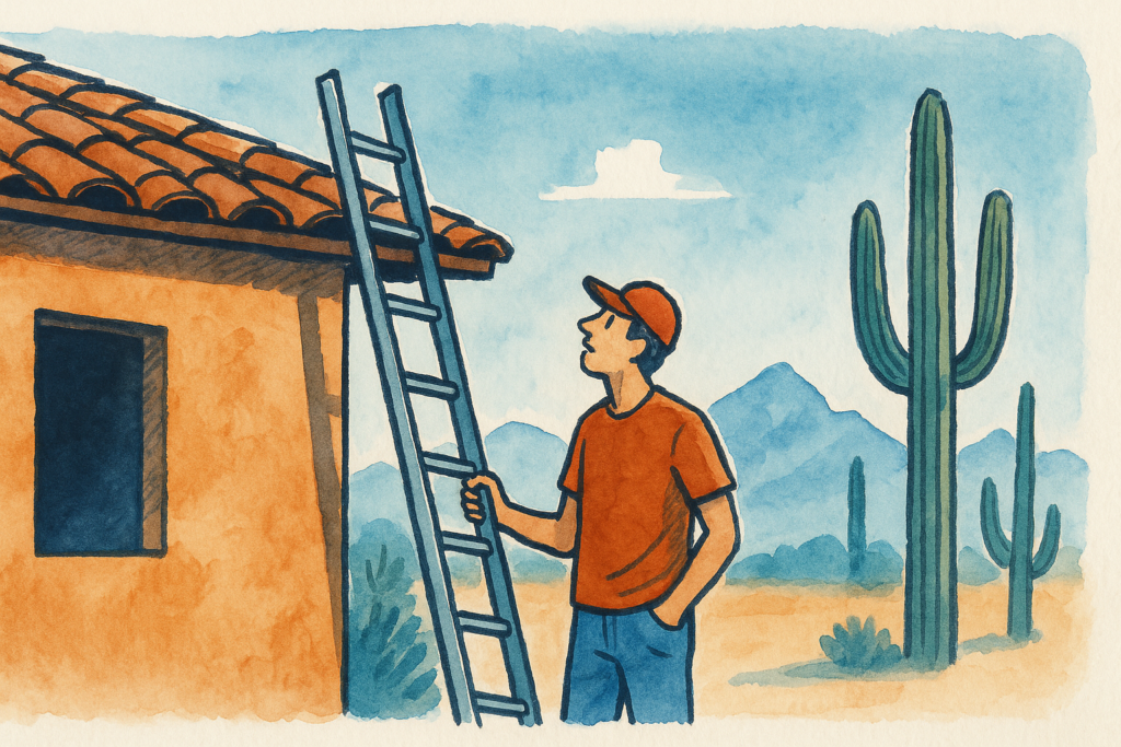 Glendale homeowner checking a tile roof from a ladder after a monsoon storm under a clearing sky