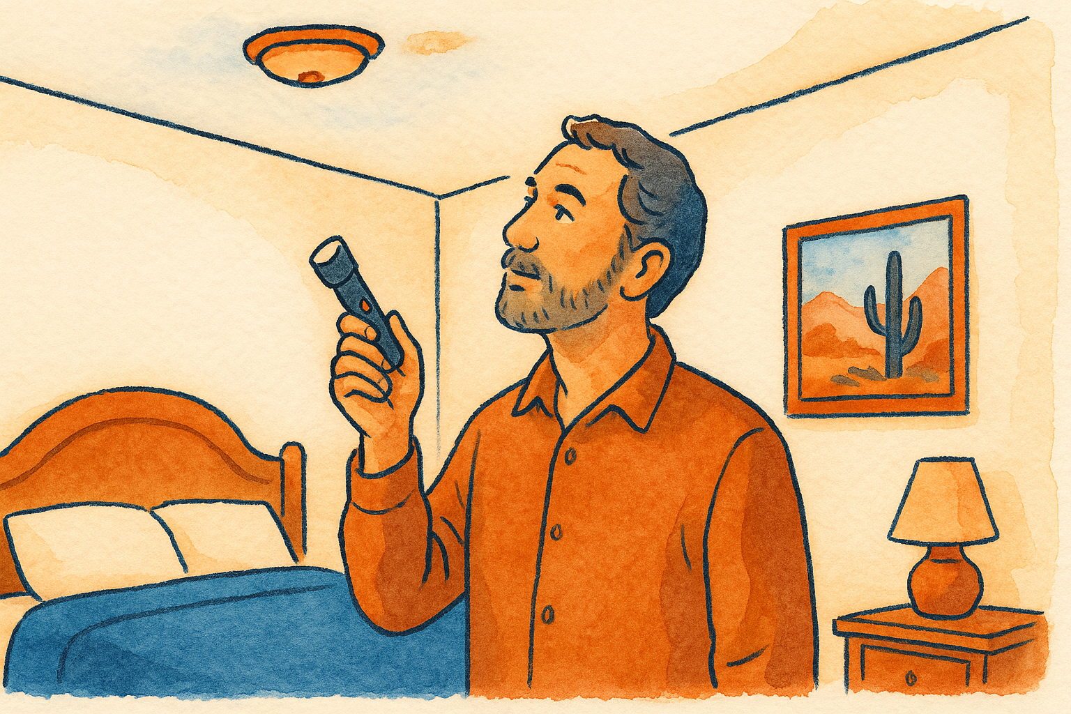 Homeowner indoors checking a faint water stain on a bedroom ceiling with a flashlight