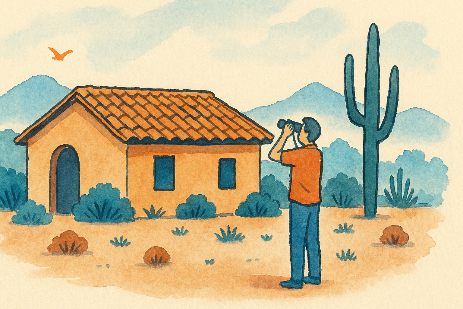 Homeowner in a desert yard checking a tile roof with binoculars after a storm