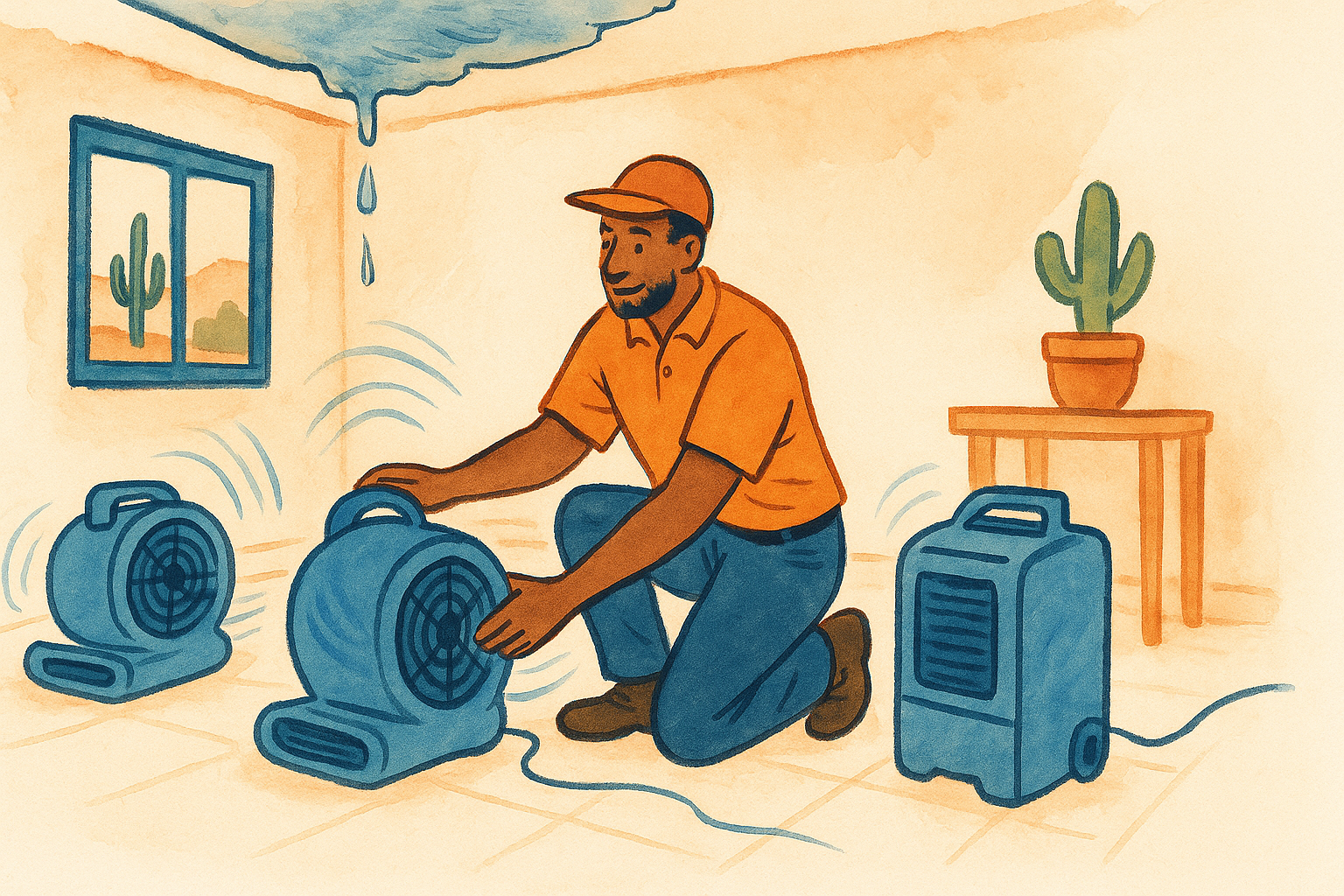 Restoration pro setting up drying fans in a bright Glendale home room after a leak