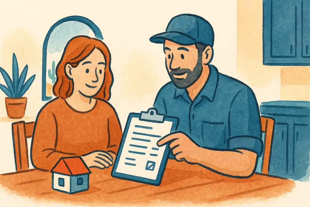A calm homeowner and a friendly local restoration pro reviewing a simple estimate on a clipboard at a bright Southwest kitchen table
