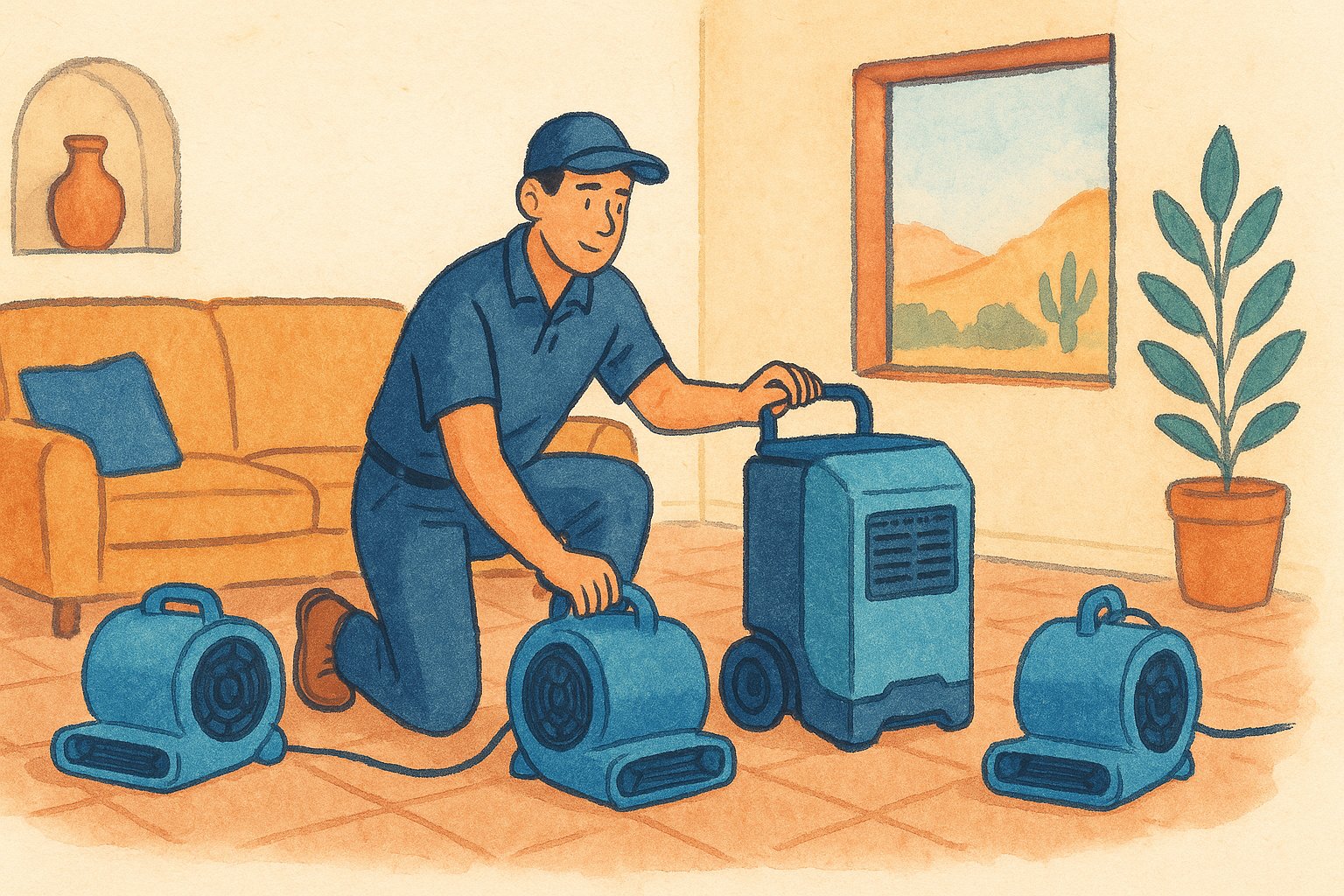 A restoration technician setting up air mover fans and a dehumidifier to dry out a bright Southwest living room