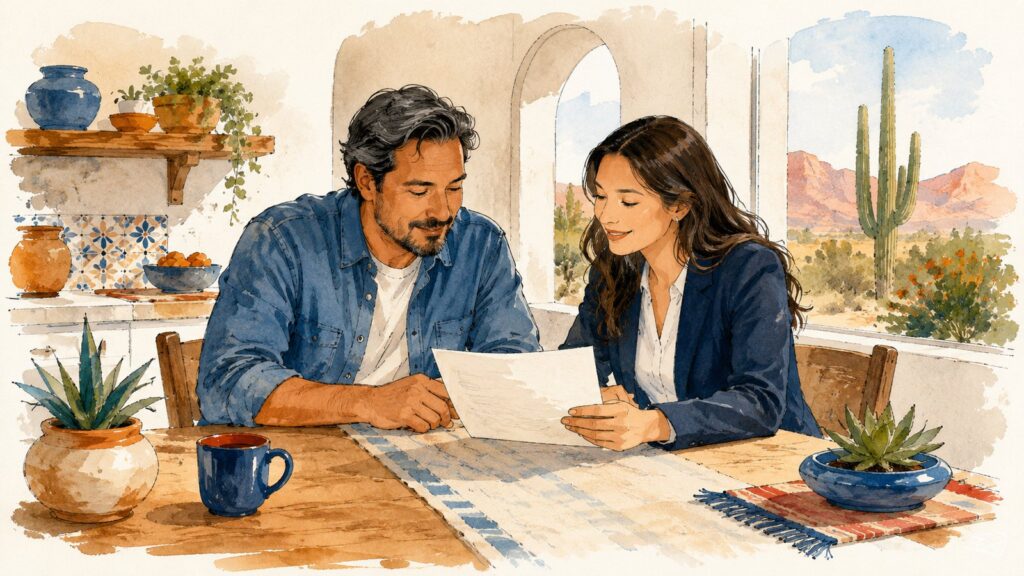 Homeowner and insurance agent reviewing a policy at a sunny table