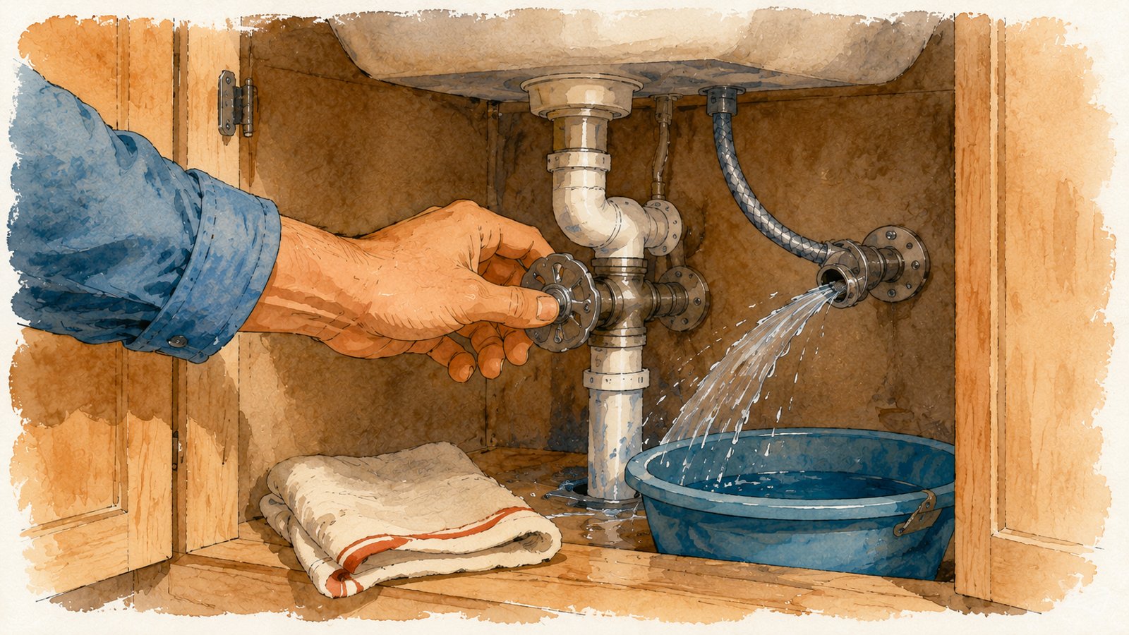 Hand closing a water shutoff valve under a sink