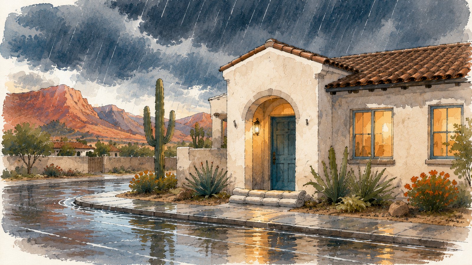 Southwest home safe and dry as monsoon water pools on the street
