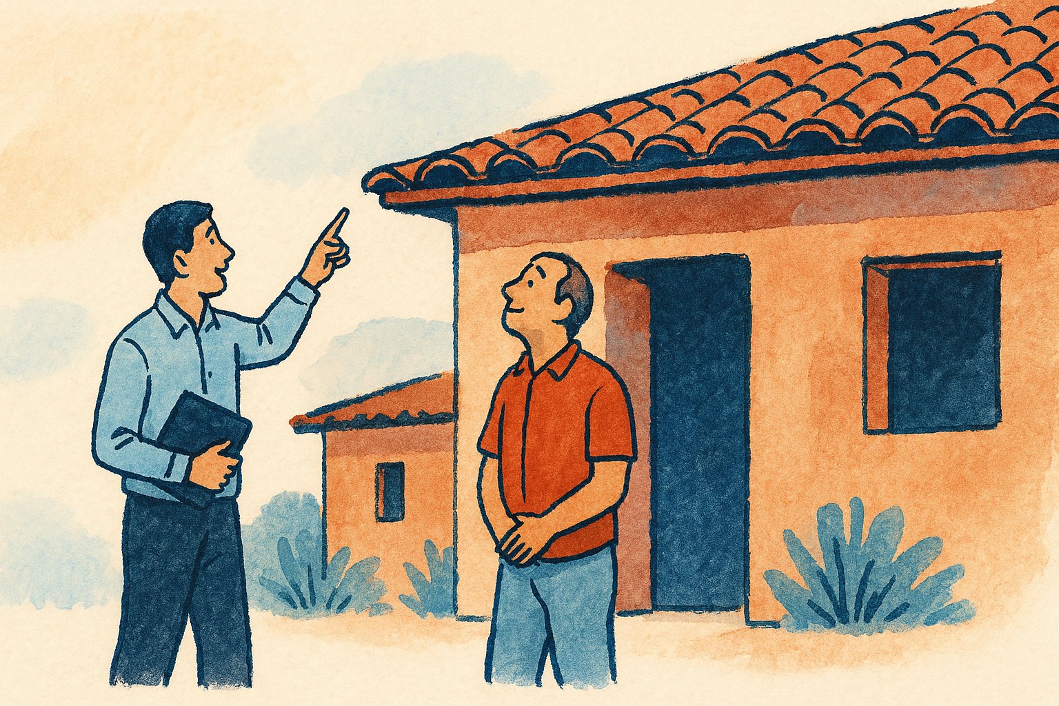 a homeowner and an insurance adjuster inspecting the roof edge of a Southwest home together