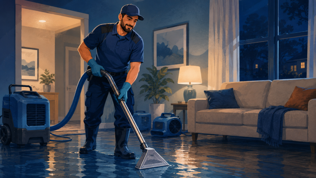 Restoration worker using an extraction wand to remove water at night