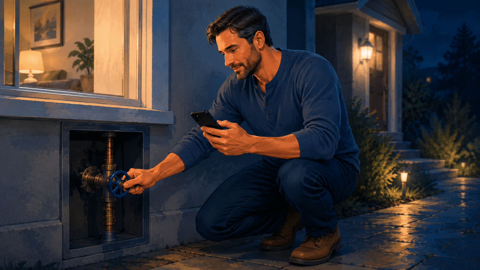 Homeowner turning off the water main at night