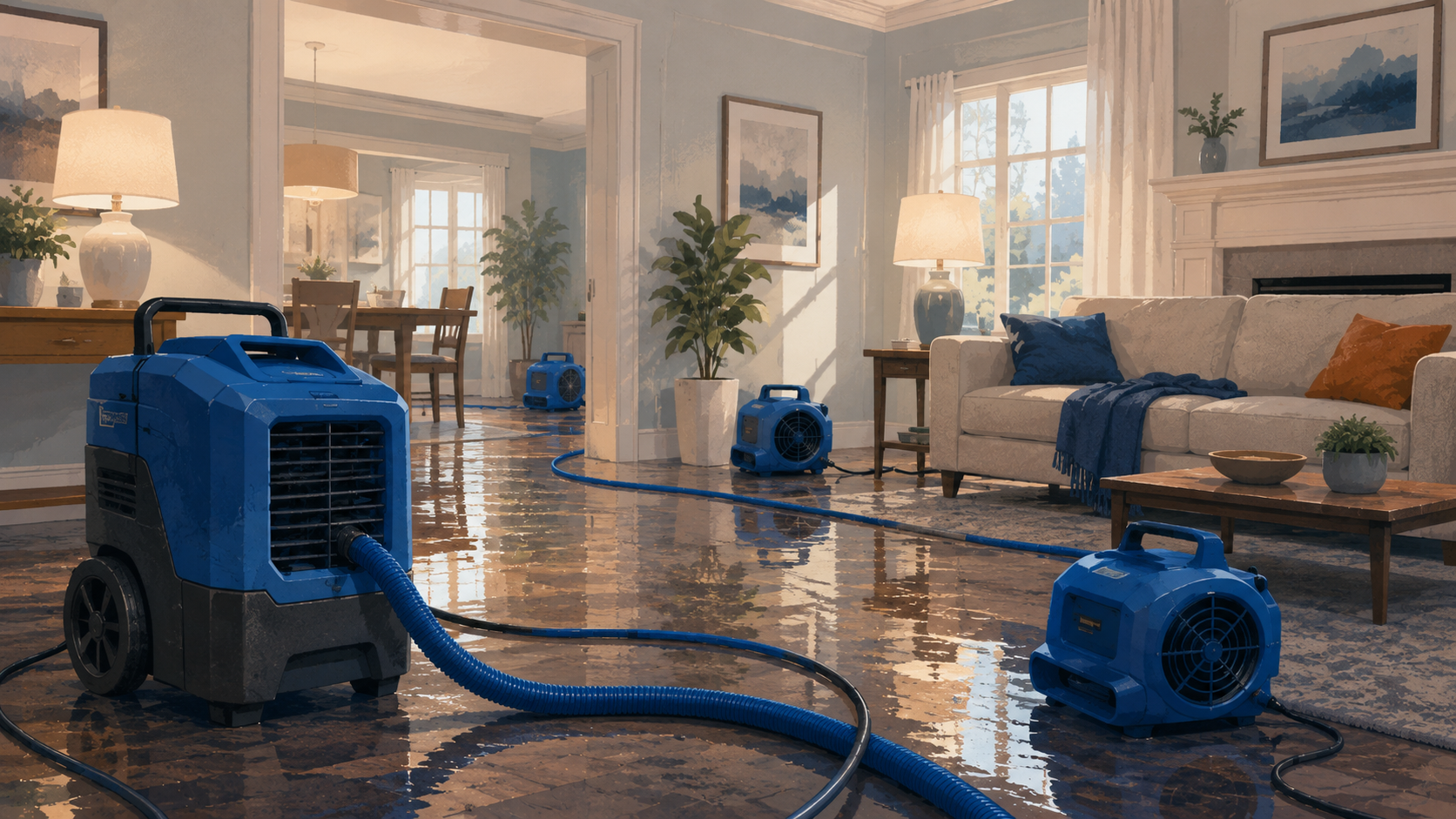 Water extraction pump and drying fans working on a wet floor