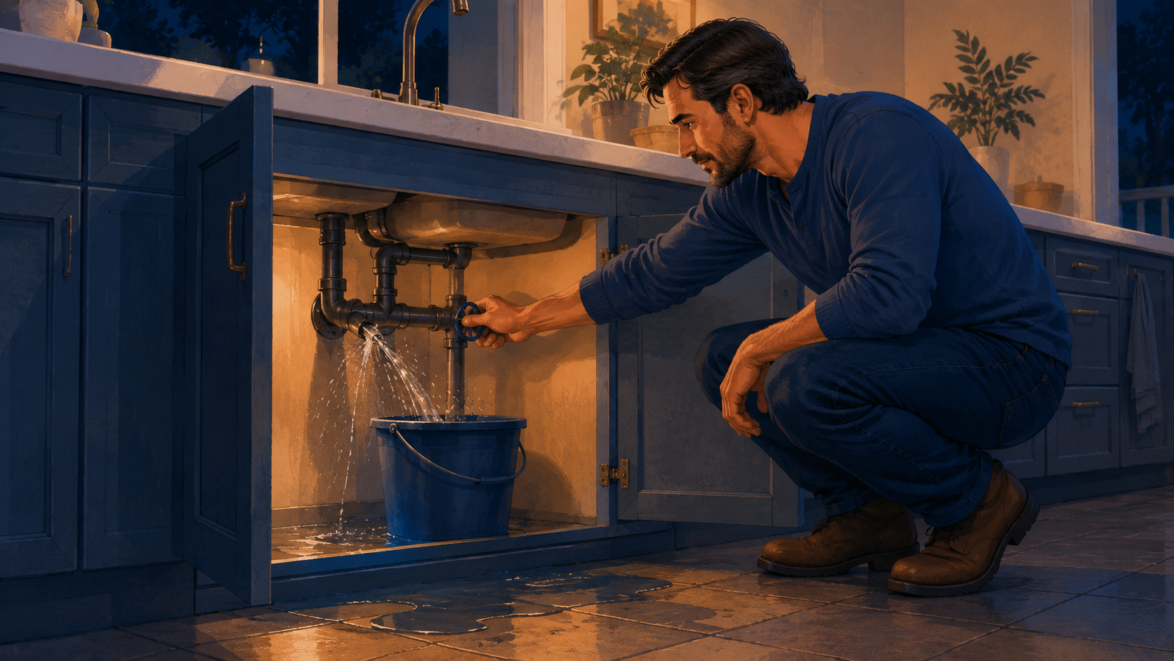 A burst pipe under a sink with a bucket catching water
